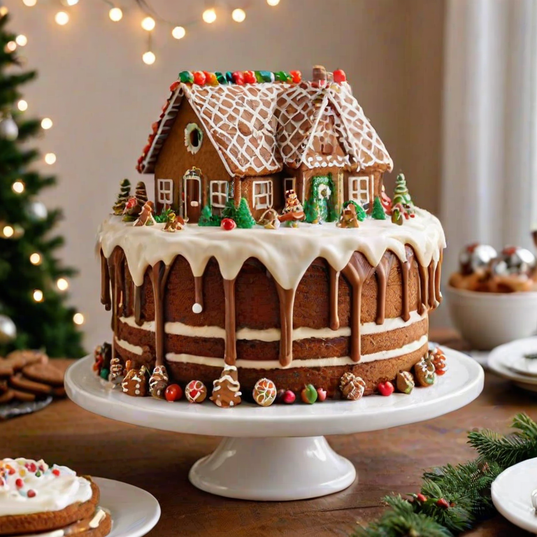 Create an image of a festive gingerbread cake with multiple layers, featuring creamy frosting between the layers. The cake should be decorated with a glossy chocolate drizzle, miniature gingerbread cookies, and small evergreen decorations. The background should include soft, twinkling lights and a cozy holiday atmosphere, with white decorative houses and a few other baked goods displayed nearby.