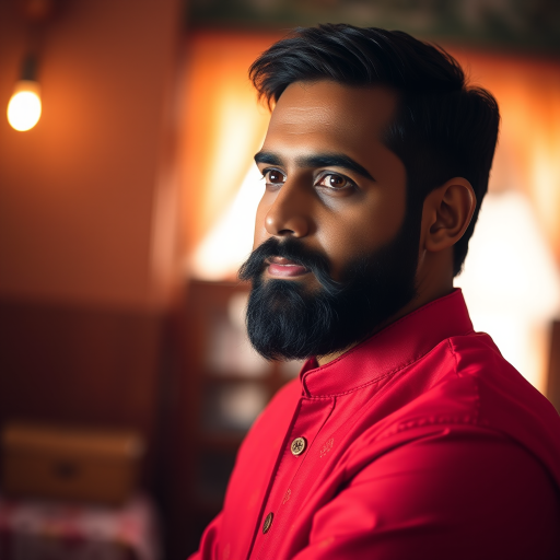 portrait of a man with a beard wearing a traditional red kurta, softly illuminated by warm light, shallow depth of field, taken with a DSLR camera, 50mm lens, f/1.8, ISO 100, natural indoor lighting, 1/125 sec shutter speed