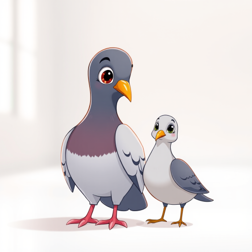 Create a high-resolution illustration of a cartoon pigeon standing next to a smaller cartoon pigeon, using a DSLR camera with a 50mm lens, f/1.8 aperture, ISO 100, and a shallow depth of field, in a bright studio setting with soft lighting.