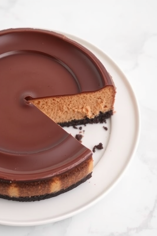 A delicious chocolate cheesecake on a white plate with a slice removed, showcasing its smooth texture and chocolate color, set against a light marble background.