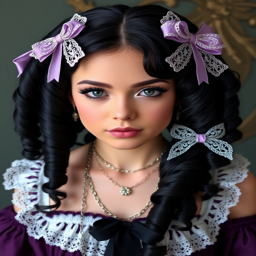 Dramatic Gothic Lolita Ringlets boasting deep black hair with subtle dark purple undertones styled into tight spiral curls adorned with intricate lace bows and delicate silver chains