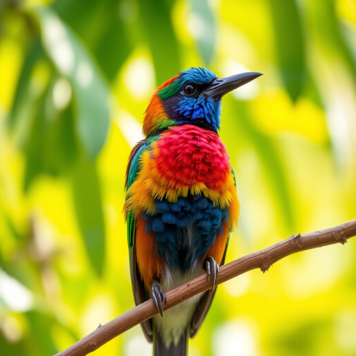A close-up shot of a colorful bird perched on a branch, with lush green foliage in the background, taken with a Canon EOS 90D, 100mm lens, f/2.8 aperture, ISO 200, 1/400s shutter speed, natural light, shallow depth of field for a blurred background effect.