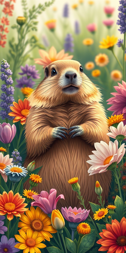 Create a vibrant illustration of a groundhog standing amidst a colorful floral arrangement, using a Canon EOS R5 with an 85mm f/1.2 lens, at f/2.8, ISO 100, in natural soft light, with a focus on vivid colors and intricate details.