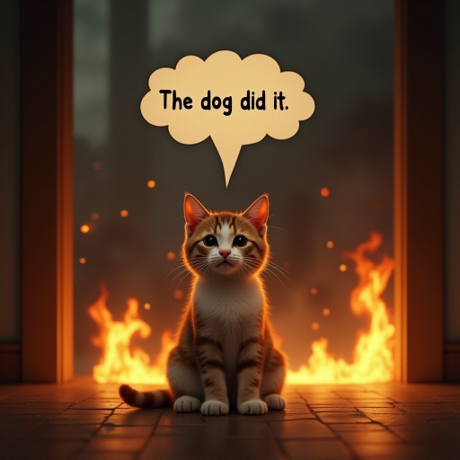 Photorealistic image of an innocent-looking cat sitting calmly in the middle of a burning room. Flames engulf the room, with fire licking up the walls and smoke filling the air. The cat is sitting on the floor, looking directly at the viewer with wide, innocent eyes. Above the cat, a speech bubble says "The dog did it". The contrast between the cat's calm demeanor and the chaos around it creates a humorous and surreal scene.