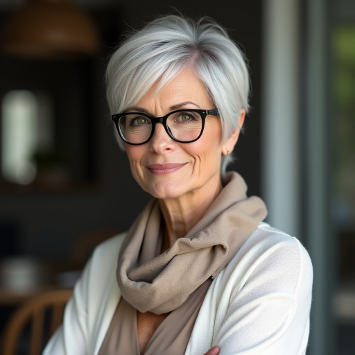 Portrait of a mature woman with short silver hair, styled in an asymmetrical pixie cut with side bangs. She wears black-framed glasses and a beige blouse with a white cardigan over it, as well as a bulky scarf in neutral tones. The woman is indoors with soft lighting and a blur in the background. Her expression is serene and confident, highlighting her elegance and modern style.