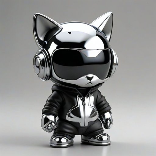 3D render of cute chibi Daft Punk wearing a hoodie and sneakers, , with a cat on its neck,with a chrome helmet, on a white background, in the style of Tomer Hanuka, Kaws, and Kentaro Miura, with a black, silver, and grey color palette, clean lines, high contrast, hyper realistic, soft shadows, sharp focus, detailed, using octane rendering, resembling product photography, with professional studio lighting, volumetric lighting, a deep depth of field, as if shot on a Hasselblad H6D400c MultiShot camera, Future companion robot, titanium alloy, neon lights, laser light