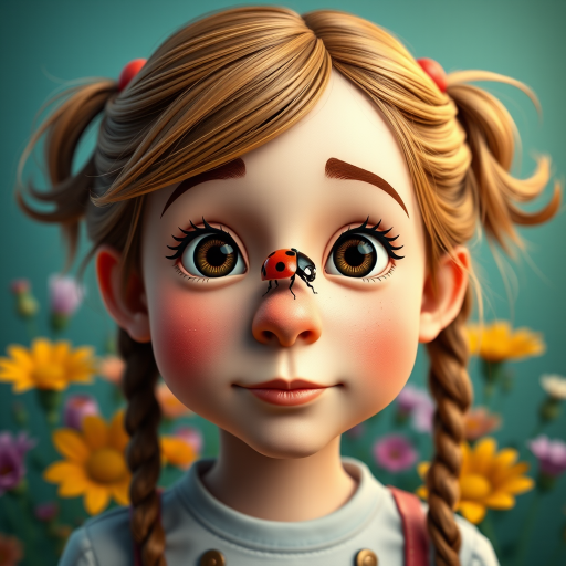 whimsical comical cartoon art Quentin Blake style, closeup portrait view of a cute girl with two ponytails in her hair, an adorable ladybug sits on her nose, funny children’s book illustration with bright colors and flowers in the background