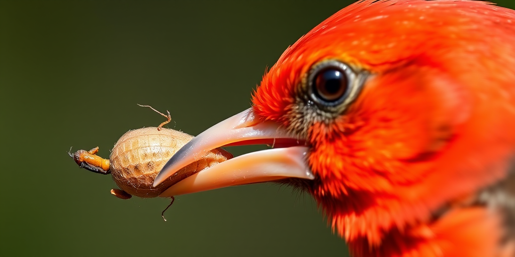 High-resolution close-up of a vibrant red bird with a bug in its beak, shallow depth of field, f/2.8 aperture, 1/125s shutter speed, ISO 400, taken with a DSLR camera, 85mm lens, natural light.