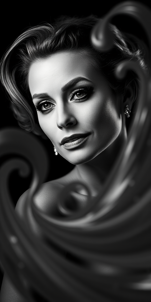 Regenerate a high-contrast black and white artistic portrait of a classic Hollywood figure with swirling abstract shapes in the foreground, shot with a 50mm lens, aperture f/1.8, ISO 200, in a studio setting using a DSLR camera with soft lighting and a shallow depth of field.