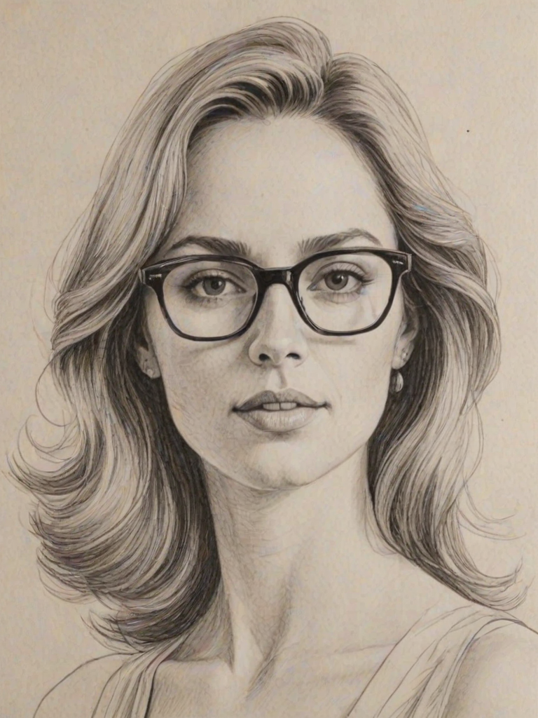 Splendid Jordana Spiro, pencil sketch, portrait of Graceful woman 1974s in glasses, hair style beatnik, outline, clear lines, fine lines, 8k