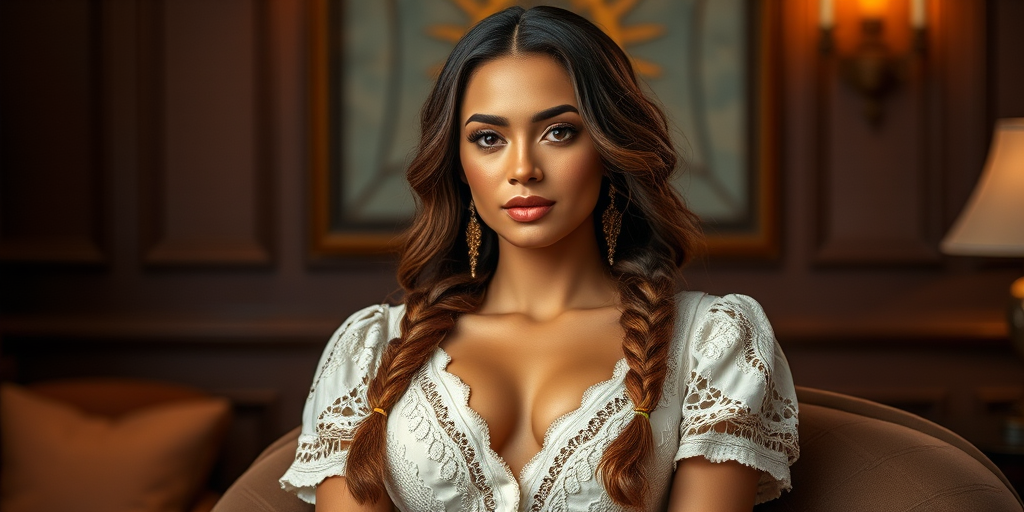 Create a portrait of a refined and elegant woman seated in a sophisticated setting. She has long, wavy hair styled in two thick braids that are pulled over her shoulders. She wears a white, lace gown with intricate patterns, featuring a deep V-neckline and short sleeves. The dress exudes a vintage charm with its delicate lacework. She is adorned with ornate, dangling earrings that add a touch of glamour to her appearance. The background is softly lit, with warm, ambient lighting that creates a cozy and inviting atmosphere. Her expression is poised and serene, capturing a sense of grace and elegance.