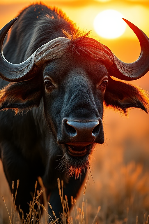 Create a highly detailed close-up of a majestic buffalo standing in a golden grassland during sunset, with a shallow depth of field, using a DSLR camera at f/2.8, ISO 200, and a focal length of 85mm, capturing vibrant colors and intricate textures in a dramatic lighting style.