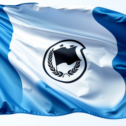 Create an image of a waving flag with a blue and white color scheme, featuring a black flag emblem inside a circular laurel wreath, using a DSLR camera with a focal length of 50mm, aperture set to f/8, ISO 100, at a low angle to emphasize movement and texture.