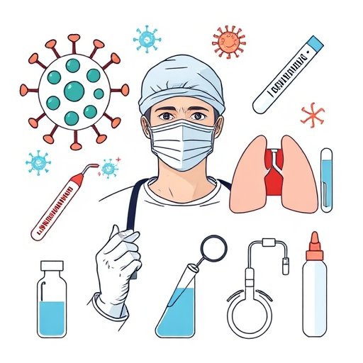 Create a detailed illustration of healthcare-related icons including a virus, a masked healthcare worker, a face mask, a thermometer, hands applying sanitizer, lungs, a laboratory test tube, a cotton swab, and a dropper, using a high-resolution 4K camera with a 50mm lens at f/1.8 for shallow depth of field, captured from a top-down perspective with natural lighting to enhance contrast and clarity.