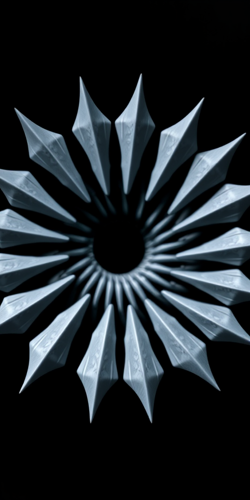 Create a highly detailed geometric pattern resembling a spiral with sharp points in white on a black background, shot with a DSLR camera at f/8 aperture, 1/60s shutter speed, ISO 100, using a macro lens to enhance clarity and focus.