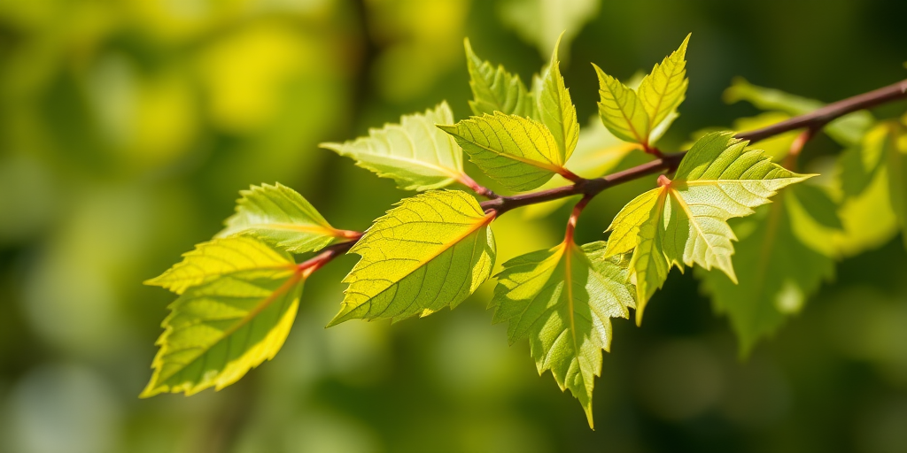 close-up shot of vibrant green leaves on a branch, shallow depth of field, ISO 200, f/2.8, 1/250 sec, macro lens, natural light, DSLR