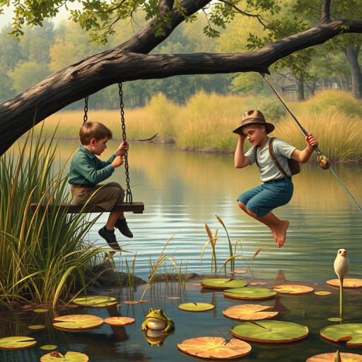 Imagine a small group of old fashioned young boys out fishing by the creek, a swing hanging from a tree branch, reeds and grasses by the water's edge, a frog sitting on a lily pad, dragonflies hovering over som water plans, a very iconic old fashioned scene reminiscent of a Norman Rockwell painting style