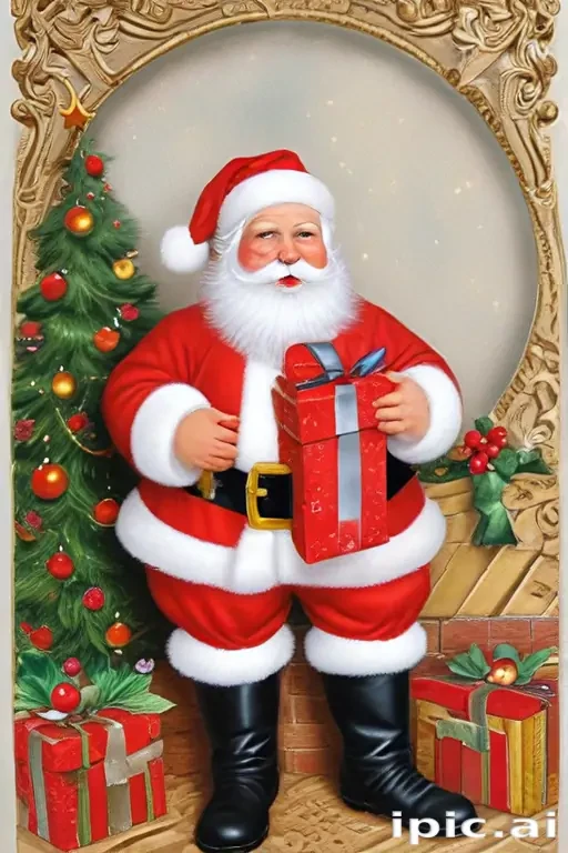 Jolly Santa Claus Holding a Gift Surrounded by Christmas Decor and Trees