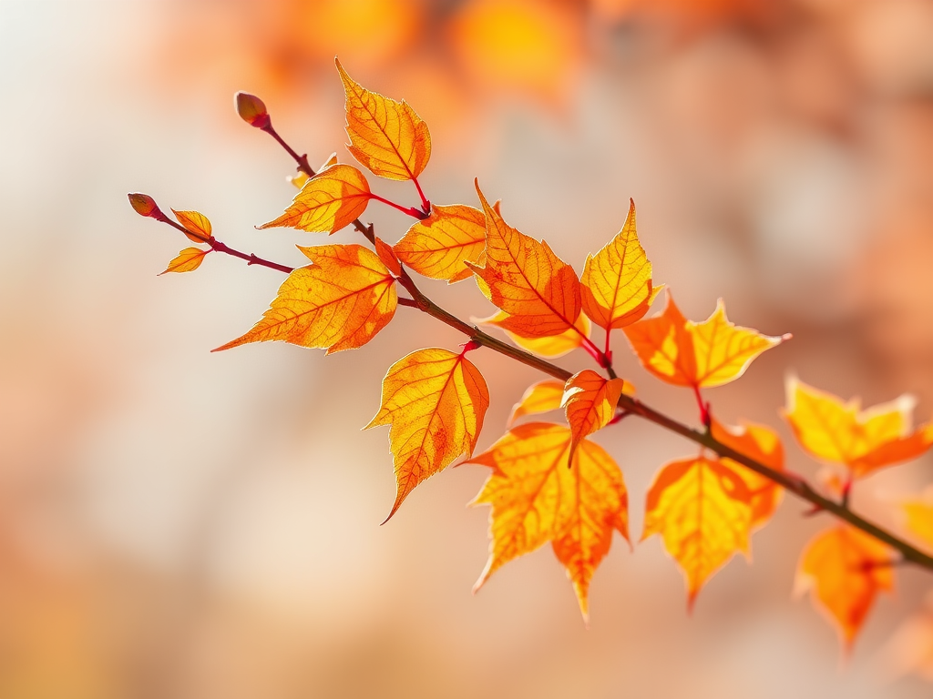 Create a high-resolution watercolor illustration of a delicate branch with leaves in warm autumn colors, captured with a full-frame DSLR camera at f/2.8, ISO 100, 1/200s, using a macro lens and natural light to enhance detail and color vibrancy.