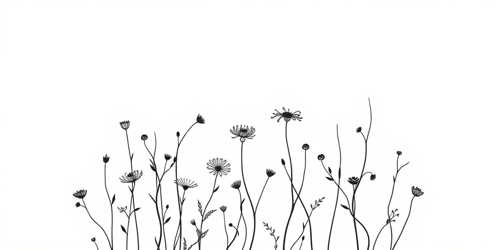 create a minimalistic black line illustration of delicate wildflowers and vines on a plain white background using a DSLR camera with a 50mm lens, f/2.8 aperture, 1/125 sec shutter speed, and natural lighting in a macro photography style