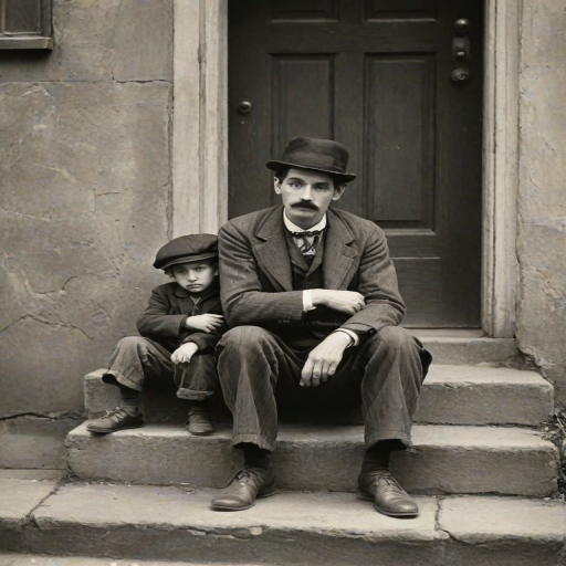 A black-and-white photograph of a man and a child sitting on steps in front of a doorway. The man is dressed as a tramp with a bowler hat, mustache, and ragged clothes, reminiscent of Charlie Chaplin's iconic look. He is sitting with his arms crossed and an expression of slight sadness or frustration. Next to him is a young boy, also in worn clothes and a cap, sitting with his hands clasped, looking thoughtful. The background is an old, textured wall and a partially open door, creating a vintage, early 20th-century atmosphere.