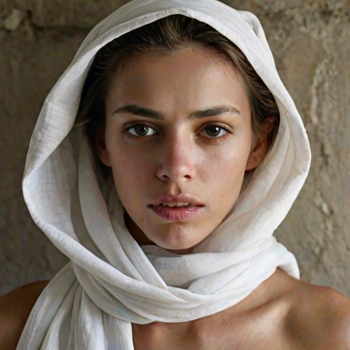 Create a close-up photographic image of a Mizrahi woman with light skin tones shown against an old, worn wall. Their head is wrapped in a white cloth covering (i.e.... parts of the head except the nose and mouth, which are open as if they are screaming...), with a slight texture and visible folds in the fabric. Thin strands of blonde hair escape from the wrapping above, falling lightly at the top and sides. Their hands hold the fabric as if they are tugging nervously. The lighting is dramatic and even, casting strong shadows. The image has a minimalist and surreal style with an emphasis on simplicity with soft color tones. The composition is centered.
