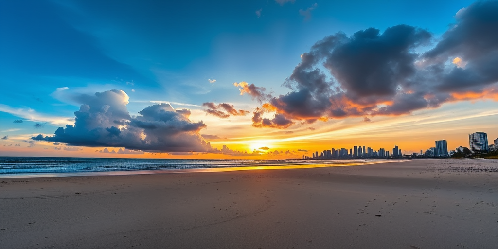 Capture a serene beach scene at sunset with dramatic clouds and a city skyline in the background, using a Canon EOS 5D Mark IV, ISO 100, aperture f/8, shutter speed 1/125s, wide-angle view, natural lighting, and HDR style for enhanced detail.