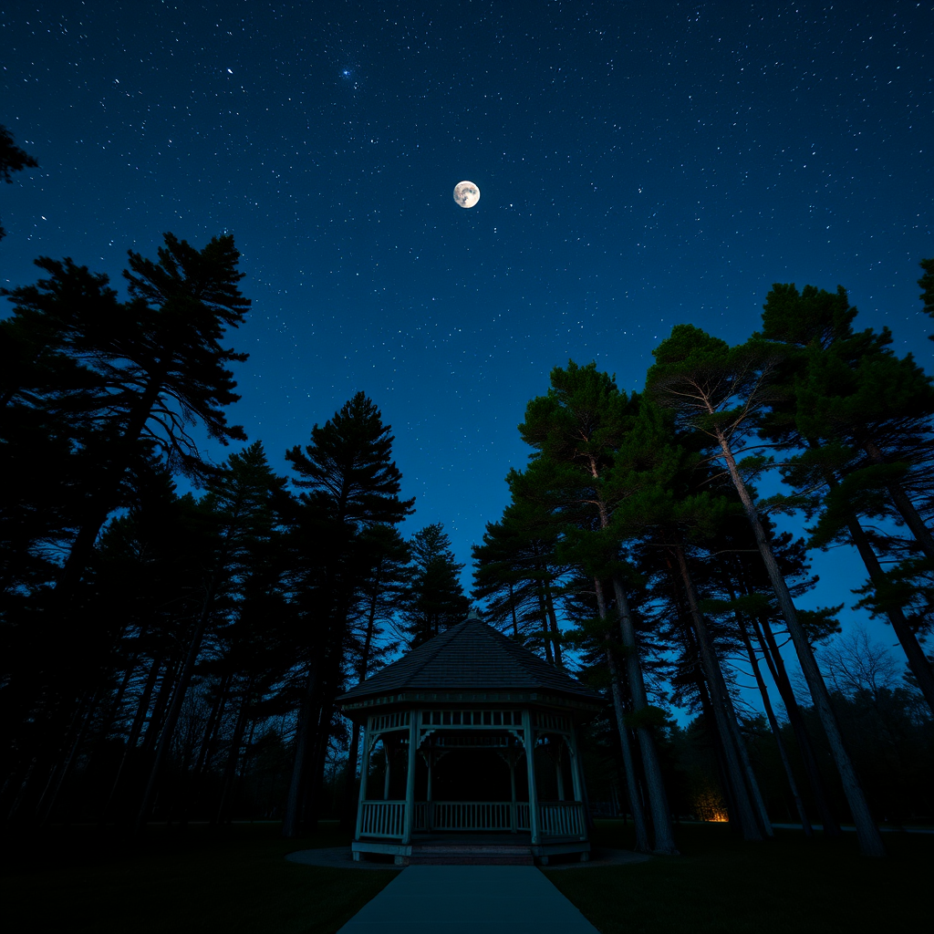 create a serene night landscape featuring a gazebo surrounded by tall trees under a starry sky with a large moon, capture with a DSLR camera at f/2.8 aperture, ISO 100, 20-second exposure, wide-angle lens, and vibrant colors for enhanced image quality