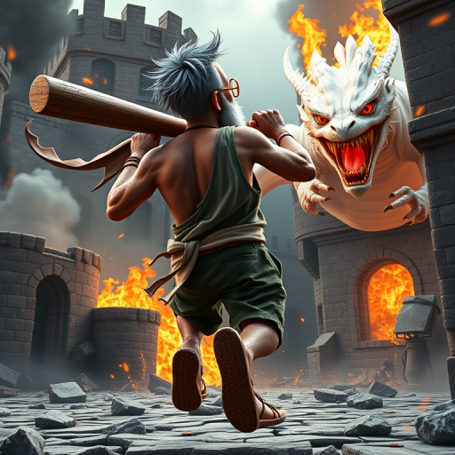 Cartoon 3D High-Resolution,dynamic battle scene using Unreal Engine 5 and Octane Render. The scene features back of an elderly, thai man with a beard,messy hair and round golden-rimmed glasses. He is wearing a tattered tank top with soot marks, shorts, and sandals. sweating. he wields a baseball bat. He jump to fight with a white fire-breathing Europe dragon amidst a partially destroyed stone castle. Include intense flames, smoke, and debris to enhance the dramatic effect.