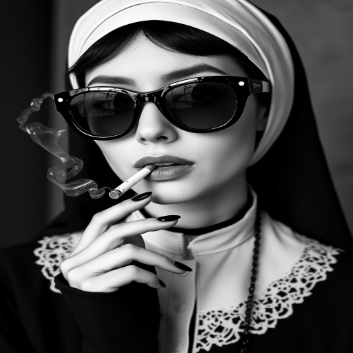 italian film nun, chinese vintage sunglasses, cool model face, hold a cigarette in mouth, gothic black and white style, Kaete Butcher, deconstructive, film/ video, pastoral charm, anti - aesthetic, tightly cropped composition, deconstructed pop style, Gustave Moreau, exaggerated features
