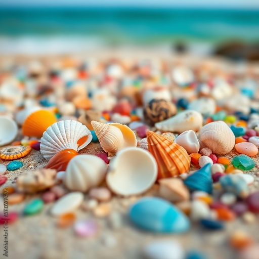 Capture a close-up of a variety of seashells on a sandy beach with vibrant pebbles, soft bokeh background of turquoise ocean and sky, shot with a DSLR camera at f/2.8, ISO 100, 1/200s, focal length 50mm, using a macro lens for enhanced detail and vivid colors.