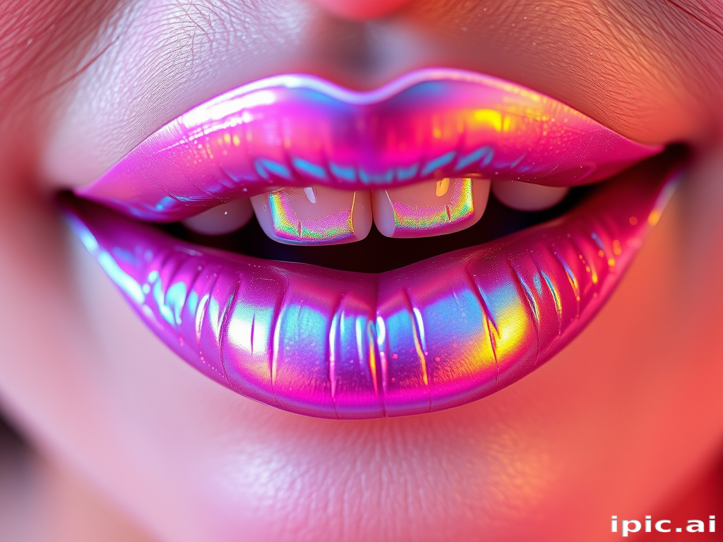 Iridescent holographic lip gloss "Unicorn Dreams" that shifts colors in different lighting, creating a mesmerizing effect for festivals and artistic makeup, non-sticky and lightweight