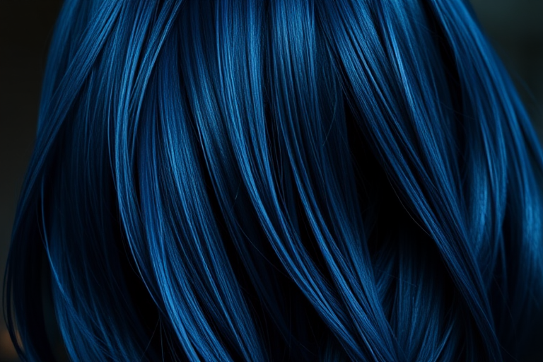 Mysterious midnight blue long layers, named "Starry Night," shimmer with iridescent undertones and a sleek, straight texture that catches the light