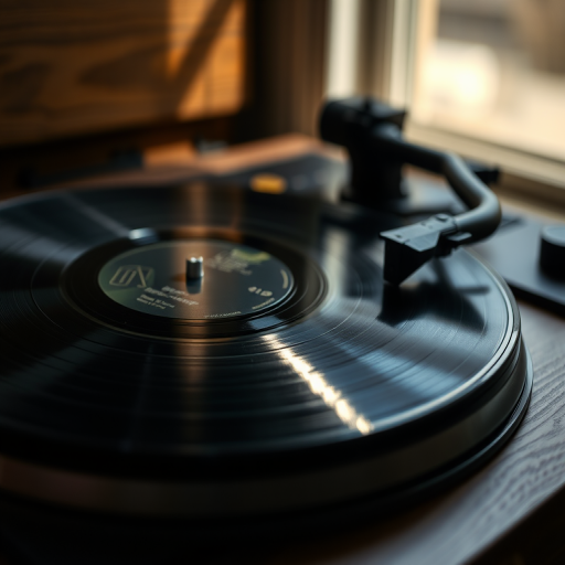 Close-up of an old-fashioned record player, with a vinyl record spinning and soft natural light from a nearby window illuminating the surface, casting delicate shadows on the wood.
