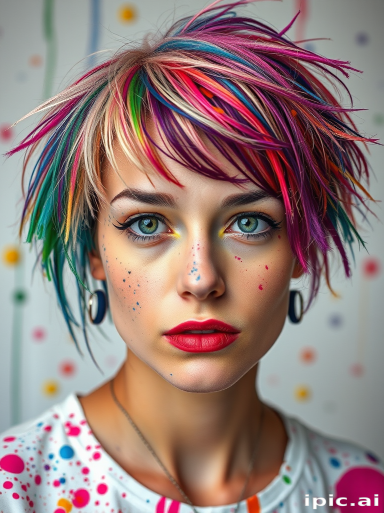 Bold portrait of an artist with Paint Splash locks, a white base with random splatters of various bright colors, cut into a short, textured crop