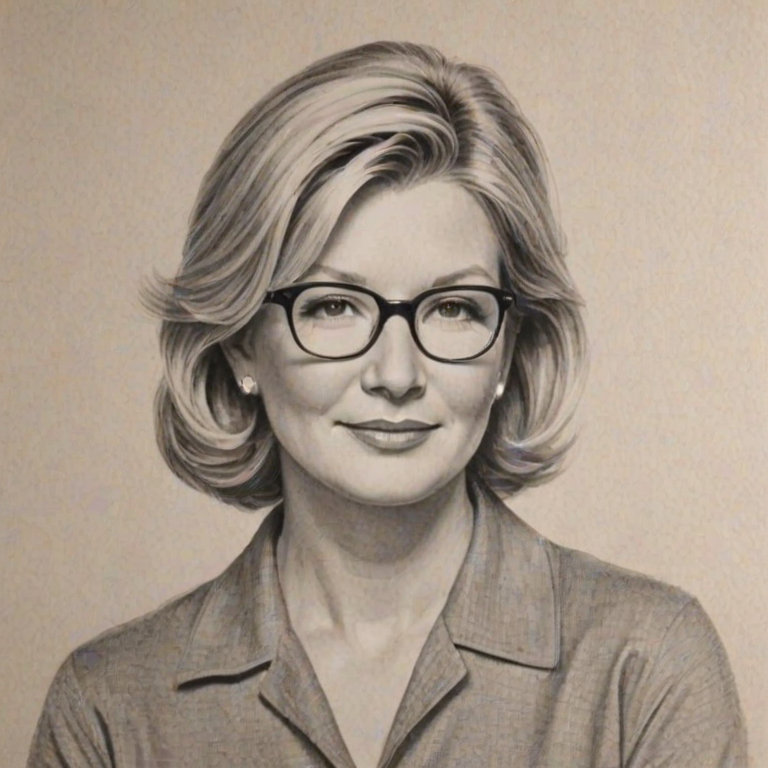 Stunning Martha Stewart, pencil sketch, portrait of Pleasing woman 1952s in glasses, hair style beatnik, outline, clear lines, fine lines, 8k