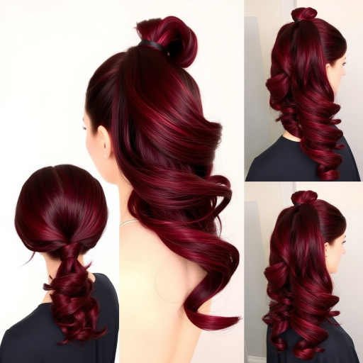 Regal deep burgundy to garnet red ombre styled in a sleek high ponytail with a wrapped base and cascading curls for a glamorous evening look