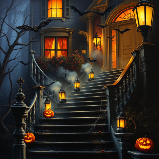 airbrushed oil painting, halloween theme, a haunted house, stairs, highly decorated, illuminated, lanterns, jack o'lantern, bats, webcobs