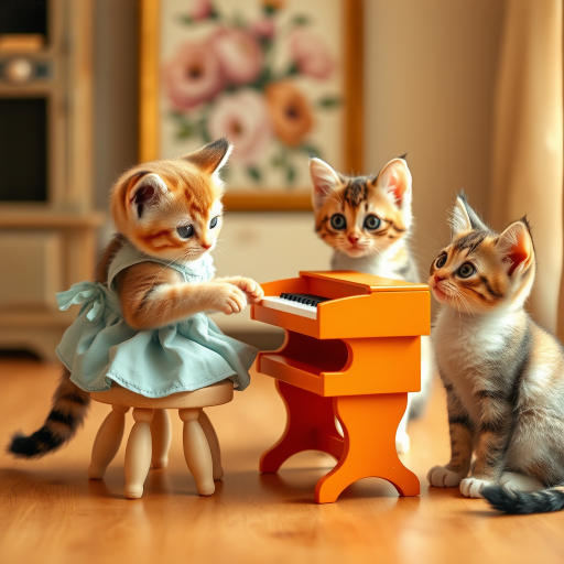 A charming scene of three cute cats in a vintage-style room. One cat, wearing a small, light-blue dress, sits on a tiny stool playing a miniature orange piano. Two other cats, with wide, curious eyes, watch the piano-playing cat intently. The room has warm lighting, with a cozy, old-fashioned aesthetic, soft wooden floors, and a blurred floral painting in the background. The overall mood is playful and whimsical, capturing the innocent curiosity of the cats. The image has a slightly worn, nostalgic feel, reminiscent of an old photograph.