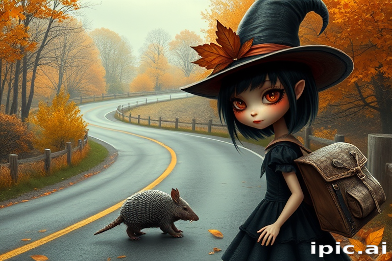 digital art fantasy depicting a strange girl with black hair, long eyelashes, orange lipstick and a tall hat walking along a winding road on an autumn afternoon, an armadillo smiles as he passes