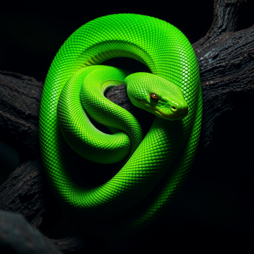 Create an image of a vibrant green snake coiled around a dark, textured branch in a dimly lit environment, focusing on the snake's intricate scales and the contrast between the green and the brown of the branch.
