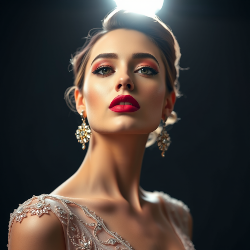 Studio portrait, female model, elegant couture dress, bold makeup, dramatic lighting, Shoot over the shoulder using a telephoto lens to focus on small details like jewelry, makeup, or fabric textures