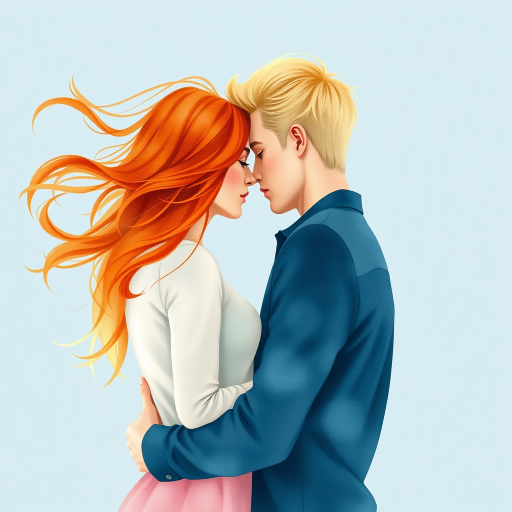 Create a high-resolution watercolor-style image of a couple embracing intimately, with flowing orange hair and blonde hair against a soft blue background, shot with a DSLR camera at f/2.8 aperture, ISO 100, with a 50mm lens at a slightly elevated angle to capture depth and emotion.