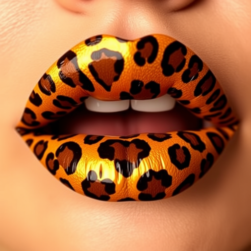 Fierce leopard print lips feature a bold animal pattern in warm golden and chocolate tones, making a statement with their unique and daring design
