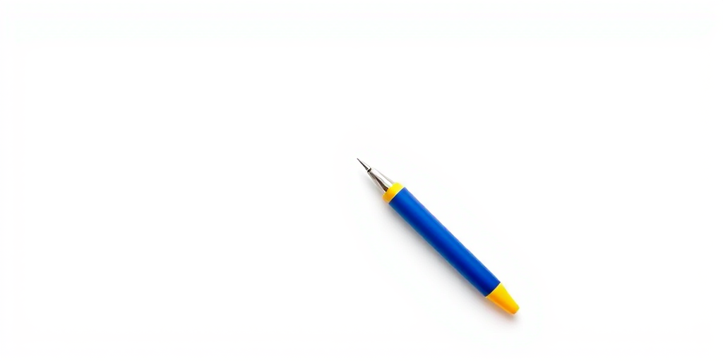 Create a high-resolution image of a blue and yellow capped pen on a plain white background, using a DSLR camera with a 50mm lens, aperture f/2.8, shutter speed 1/125 sec, ISO 100, and a top-down view to capture the pen's details.