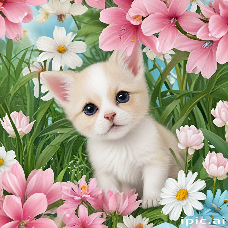 A Cute Kitten Surrounded by Colorful Flowers in a Vibrant Garden Setting.