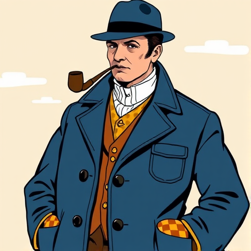 a stylized illustration of a man wearing a large blue coat with checkered pockets, a bowler hat, and smoking a pipe, set against a simple background with a hint of clouds