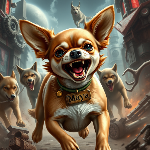 "Create a highly detailed and realistic image of a short-haired Chihuahua named Maya in an extremely fierce and enraged warrior pose. She is battling a pack of wolves and an alien creature, fighting for her life and the life of her owner. The Chihuahua should have a wild and aggressive appearance, with bared teeth and fierce eyes, showcasing her determination despite the overwhelming odds. She should have a distinct white patch on her chest, while the rest of her fur should be brown. A large tag with the name 'Maya' should be prominently displayed around her neck. The background should feature a sci-fi and steampunk style, filled with futuristic mechanical elements and Victorian technology, blending an urban landscape with fantastical details such as gears and steam."