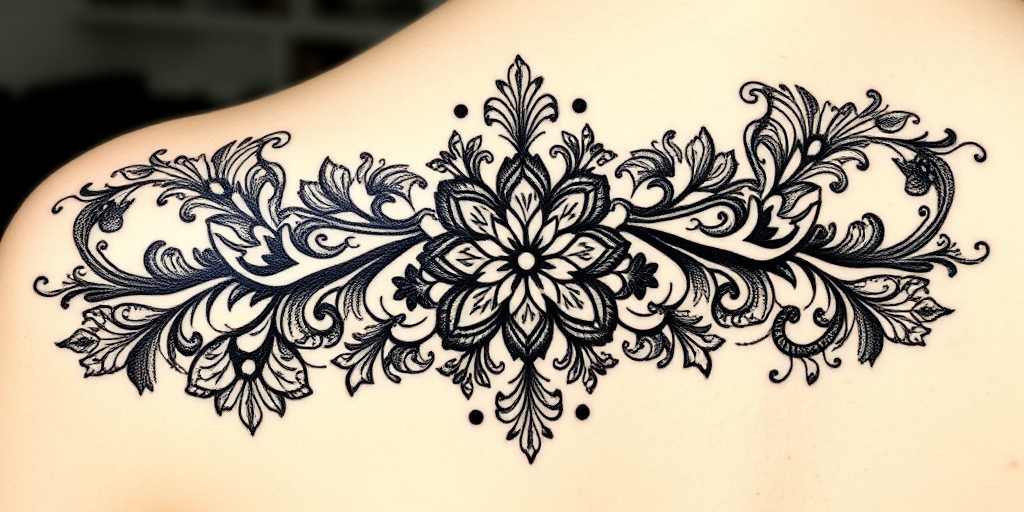 Ornamental blackwork tattoo named "Lace Elegance" depicting intricate patterns inspired by delicate lacework, with flowing lines and symmetrical designs creating a feminine and sophisticated aesthetic