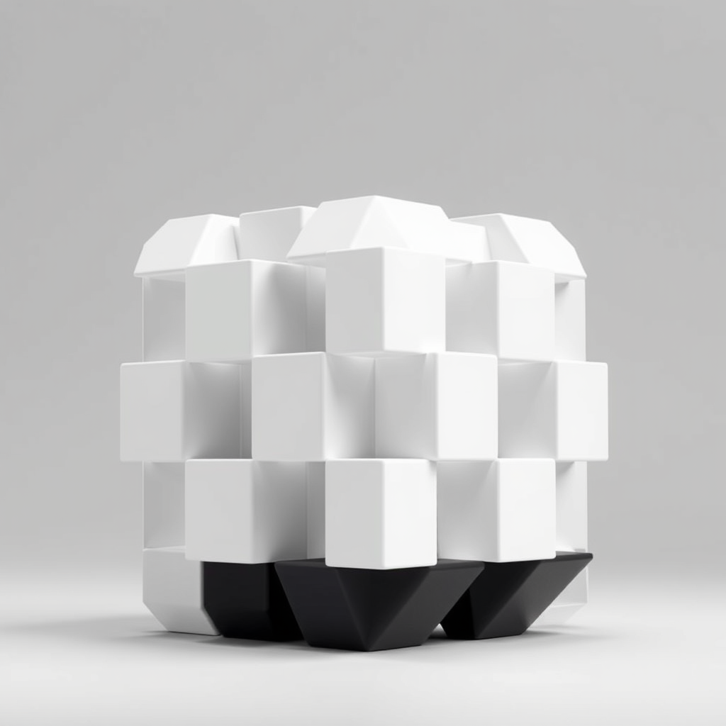 Create a high-resolution image of a 3D black and white geometric shape resembling a building block, using a DSLR camera, aperture f/2.8, ISO 100, focal length 50mm, in a studio setting with soft lighting to enhance details and shadows.